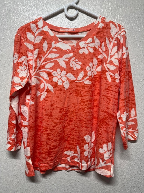 Before + Again Tops - Before & Again Coral Floral Long-Sleeve Semi See-Thru Tee